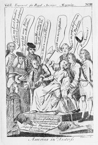 1775年3月に発行された「Royal American Magazine」に掲載された苦痛のアメリカ 作： Paul Revere